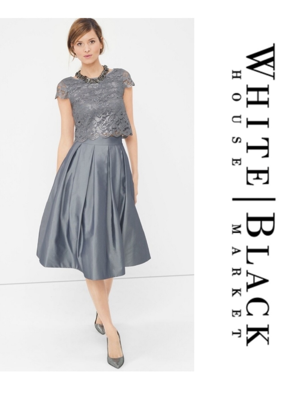 WHBM Pleated Taffeta Silver Midi Skirt with Pockets sz 0